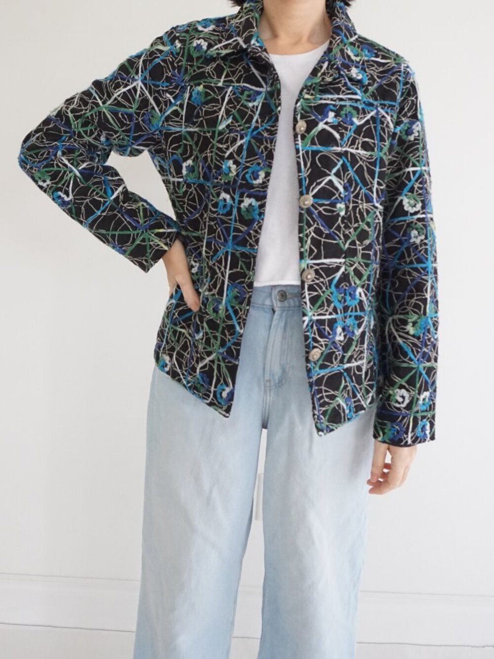 Vintage New Direction Black Floral Embroidered Tapestry Button Blazer Jacket L